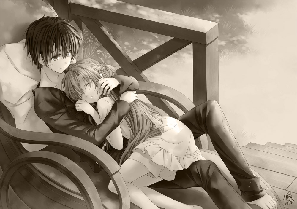 10s 1boy 1girl asuna_(sao) barefoot casual chair couple closed_eyes hetero hug kirito long_hair lounge_chair monochrome pillow rocking_chair short_hair sleeping sword_art_online umi111