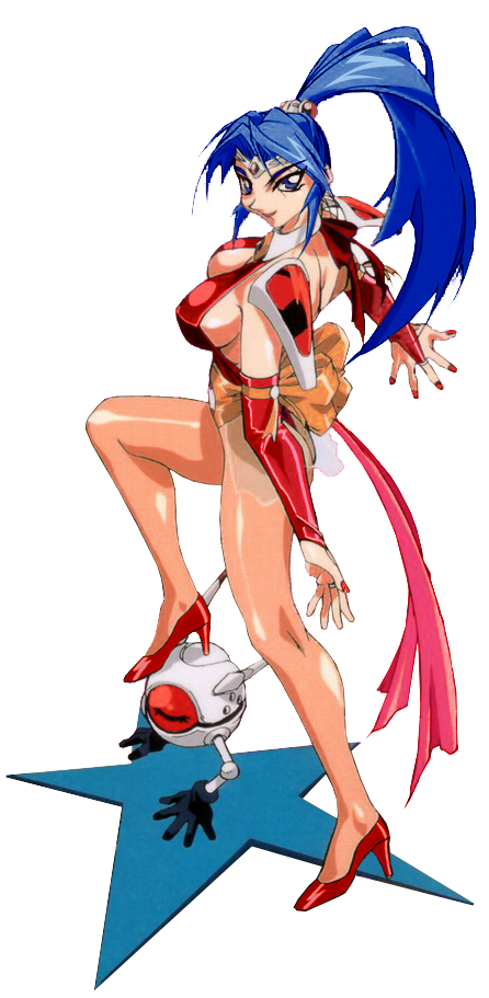 1990s_(style) 1girl ass ball_boy blue_hair breasts choujin_gakuen_gowcaizer cleavage female_focus high_heels hishizaki_shaia_(gowcaizer) leotard nail_polish oobari_masami ponytail retro_artstyle robot shoes solo technos