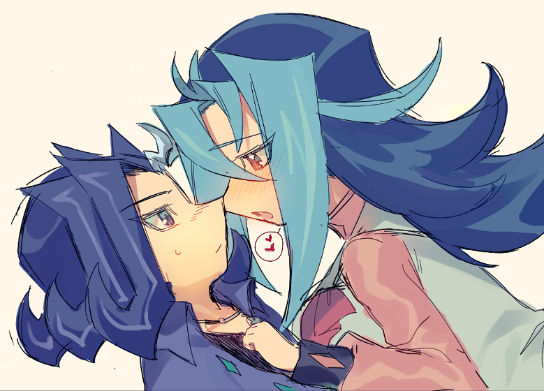 1boy 1girl blue_eyes blue_hair blush breasts brother_and_sister heart kamishiro_rio kamishiro_ryouga knhrpnkt long_hair multicolored_hair red_eyes siblings two-tone_hair yu-gi-oh! yuu-gi-ou yuu-gi-ou_zexal