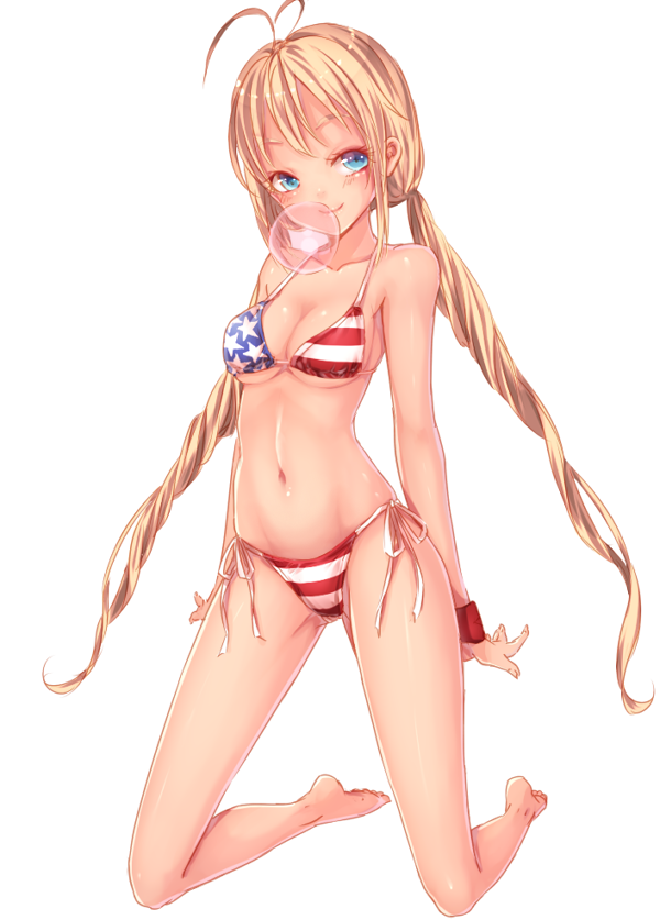 1girl american_flag american_flag_bikini american_flag_print antenna_hair bad_id bad_pixiv_id bare_legs barefoot bikini blonde_hair blowing_bubbles blue_eyes blush breasts chewing_gum cleavage closed_mouth collarbone female_focus flag_print full_body half-closed_eyes kneeling kyara36 long_hair looking_at_viewer low_twintails medium_breasts original print_bikini side-tie_bikini_bottom sidelocks simple_background smile solo swimsuit twintails white_background