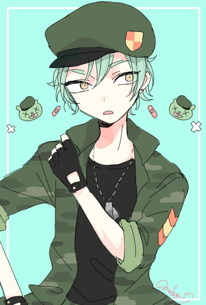 1boy bandaid beret black_gloves black_shirt blue_background brown_eyes camouflage camouflage_jacket dog_tags dot_nose fingerless_gloves flippy_(happy_tree_friends) gloves green_hat happy_tree_friends hat humanization jacket makyuuu_(mmdy) male_focus open_mouth shirt short_hair solo