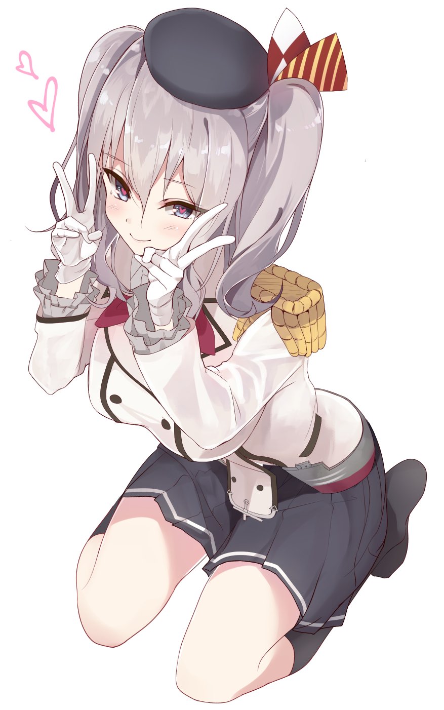 1girl beret black_hat black_skirt black_socks blue_eyes buttons double_v epaulettes female_focus full_body gloves hat heart heart-shaped_pupils highres jacket kantai_collection kashima_(kancolle) kneehighs long_sleeves looking_at_viewer military_jacket miniskirt neckerchief pleated_skirt red_neckerchief shirousa sidelocks silver_hair simple_background skirt socks solo symbol-shaped_pupils tsurime twintails v wavy_hair white_background white_gloves white_jacket