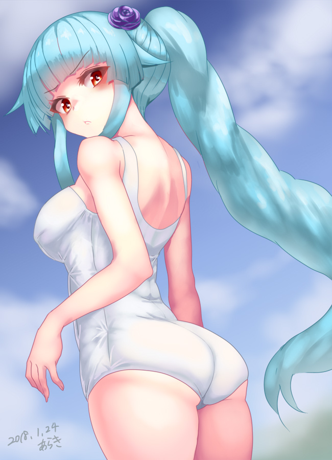 1girl alternate_costume aqua_hair araki_(qbthgry) arms_at_sides ass back blue_hair blue_sky blunt_bangs blurry braid breasts cloud cloudy_sky cowboy_shot dated day depth_of_field female_focus flower from_side frown hair_flower hair_ornament himukai_kyousuke legs_together long_hair looking_back medium_breasts one-piece_swimsuit red_eyes ring_dream rose school_swimsuit scowl sky solo standing swimsuit thighs v-shaped_eyebrows very_long_hair white_one-piece_swimsuit white_school_swimsuit yuki_onna_(ring_dream)