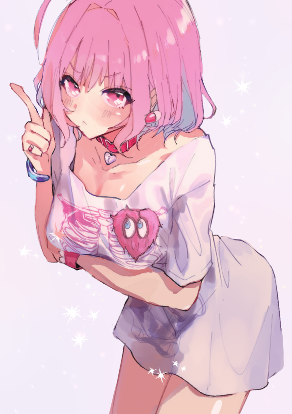 1girl ahoge blue_hair blush breasts collar collarbone earrings hair_intakes idolmaster idolmaster_cinderella_girls jewelry large_breasts looking_at_viewer multicolored_hair pink_eyes pink_hair rami0035 shirt short_hair short_sleeves simple_background solo two-tone_hair yumemi_riamu