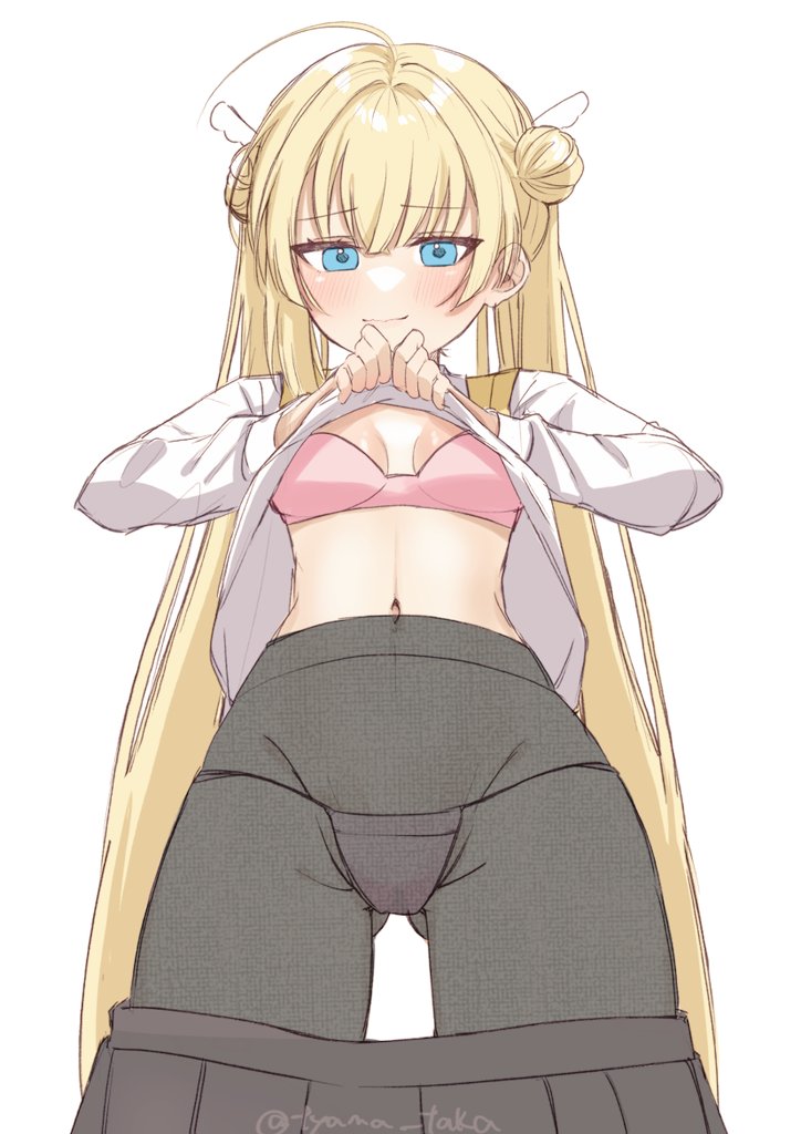 1girl ahoge black_pantyhose blonde_hair blue_eyes blush bra breasts breasts_apart closed_mouth clothes_lift clothes_pull commentary_request cowboy_shot double_bun eyes_visible_through_hair foreshortening from_below gluteal_fold groin hair_between_eyes hair_bun hands_up lifting_own_clothes long_hair long_sleeves looking_at_viewer looking_down micro_panties navel panties panties_under_pantyhose pantyhose pink_bra pink_panties presenting shirayuki_noa shirt shirt_lift skirt skirt_pull small_breasts smile solo straight_hair tenshi_souzou_re-boot! thighs tsurime twintails twitter_username tyama_taka underwear very_long_hair wavy_mouth white_shirt wing_hair_ornament