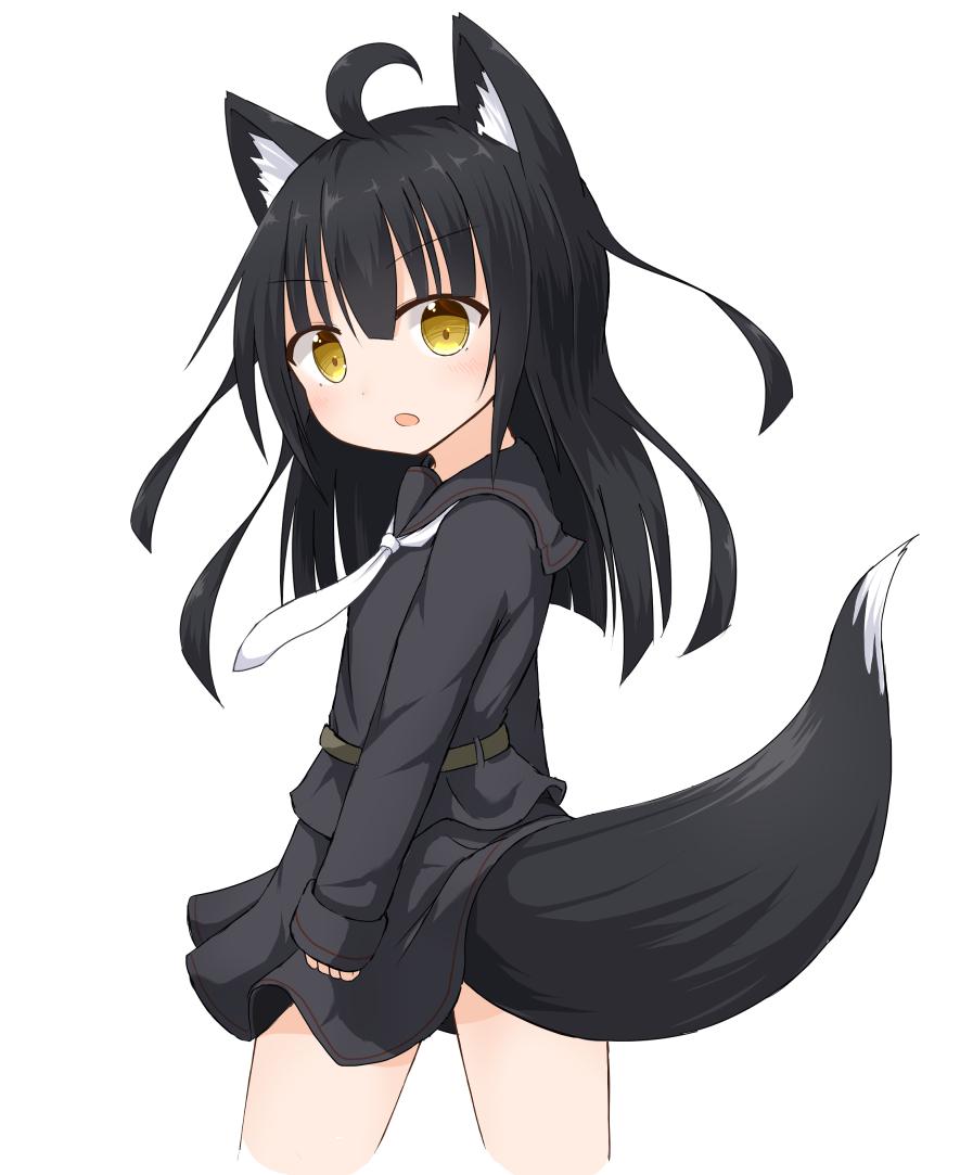 10s 1girl ahoge animal_ears black_hair black_serafuku black_skirt female_focus fox_ears fox_tail kantai_collection kemonomimi_mode long_hair mikazuki_(kancolle) necktie open_mouth pleated_skirt school_uniform serafuku skirt solo tail yamato_tachibana yellow_eyes