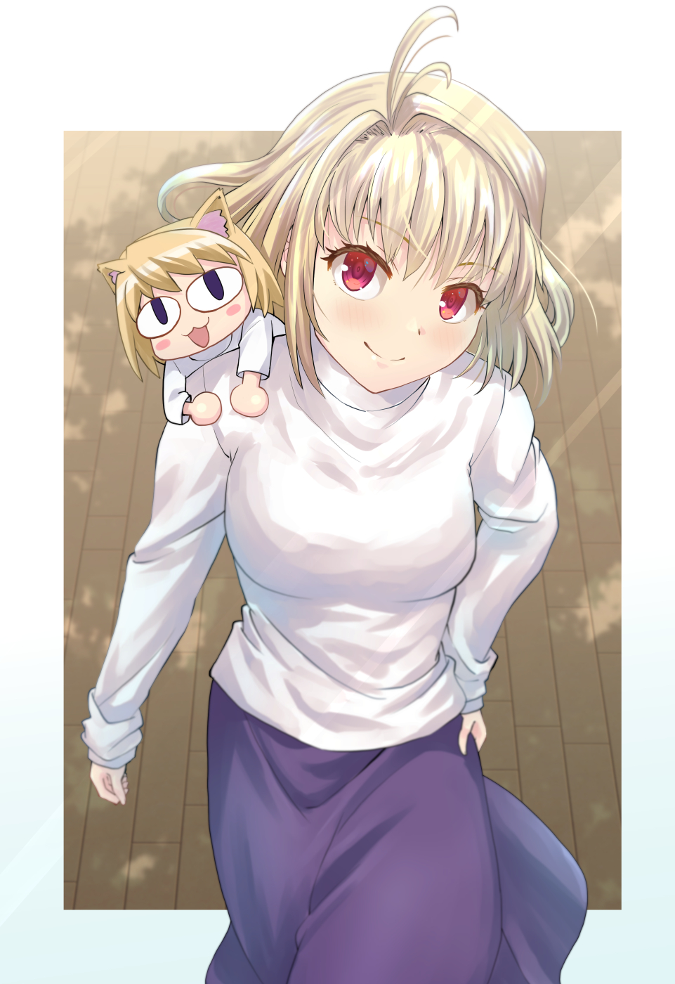 2girls :3 animal_ears antenna_hair arcueid_brunestud blonde_hair blush blush_stickers breasts cat_ears chibi dappled_sunlight day from_above hair_intakes hand_on_own_hip haniwa_(leaf_garden) head_tilt highres looking_at_viewer looking_up medium_breasts multiple_girls neco-arc on_shoulder open_mouth outdoors outside_border purple_skirt red_eyes sett skirt smile standing sunlight sweater tsukihime turtleneck turtleneck_sweater white_sweater