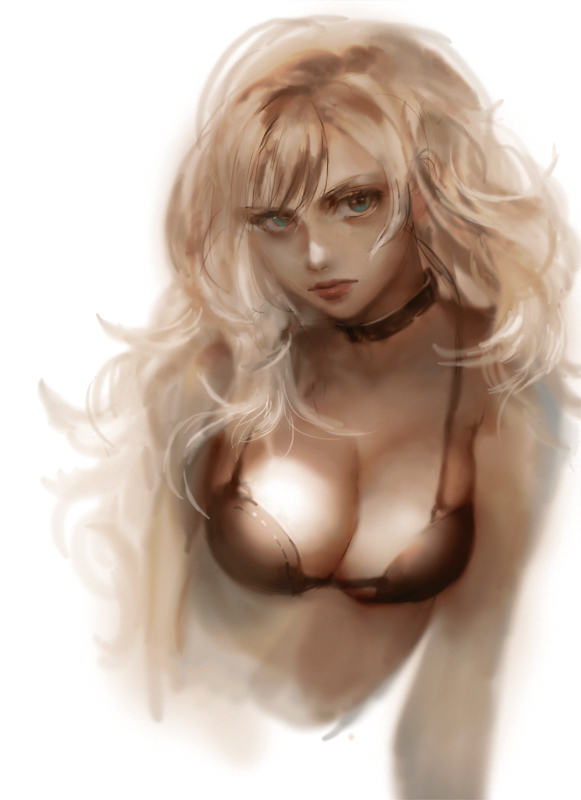 1girl aqua_eyes bad_id bad_tumblr_id blonde_hair bra breasts choker cleavage curly_hair female_focus lips original realistic simple_background solo tomatika underwear upper_body white_background