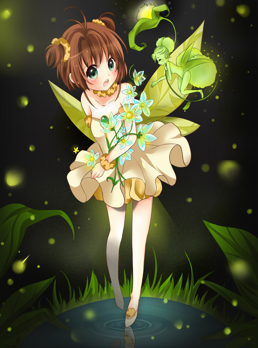 1990s_(style) 1girl bottle_(x890264) brown_hair cardcaptor_sakura clow_card dress fairy_wings flower glow_(clow_card) green_eyes highres kinomoto_sakura magical_girl open_mouth reflection ribbon scrunchie short_hair twintails water wings