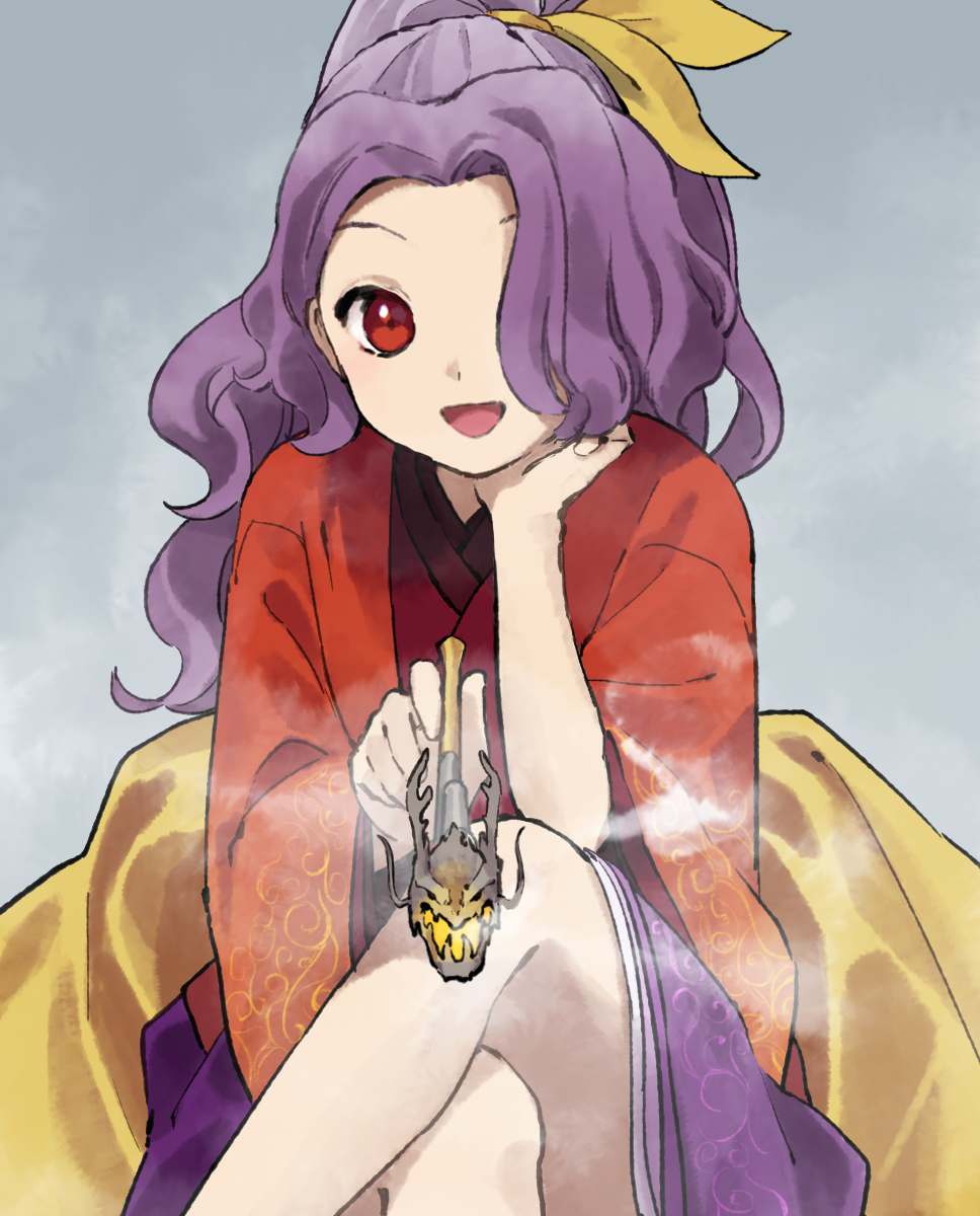 1girl hair_over_one_eye hair_ribbon highres holding holding_smoking_pipe japanese_clothes kaigen_1025 kimono kiseru komakusa_sannyo crossed_legs long_hair smoking_pipe ponytail purple_hair purple_skirt red_eyes red_kimono ribbon skirt solo touhou wide_sleeves yellow_ribbon