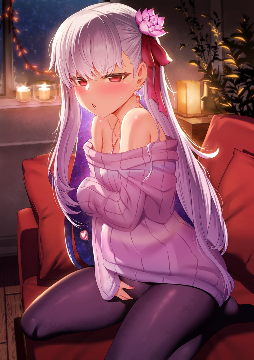 1girl bare_shoulders black_pantyhose blush collarbone colored_inner_hair couch earrings fate/grand_order fate_(series) flower hair_flower hair_ornament hair_ribbon hands_on_own_stomach jewelry kama_(fate) long_hair looking_at_viewer lotus m-da_s-tarou multicolored_hair off-shoulder_sweater off_shoulder pantyhose pink_sweater pregnant purple_sweater red_eyes red_ribbon ribbon sitting solo sweater white_hair