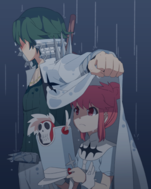 10s 1boy 1girl blush embarrassed green_hair hat unworn_hat unworn_headwear height_difference itou_(mogura) jakuzure_nonon kill_la_kill long_coat looking_away manly pink_eyes pink_hair rain sanageyama_uzu shako_cap shared_clothes shared_coat side-by-side sidelocks