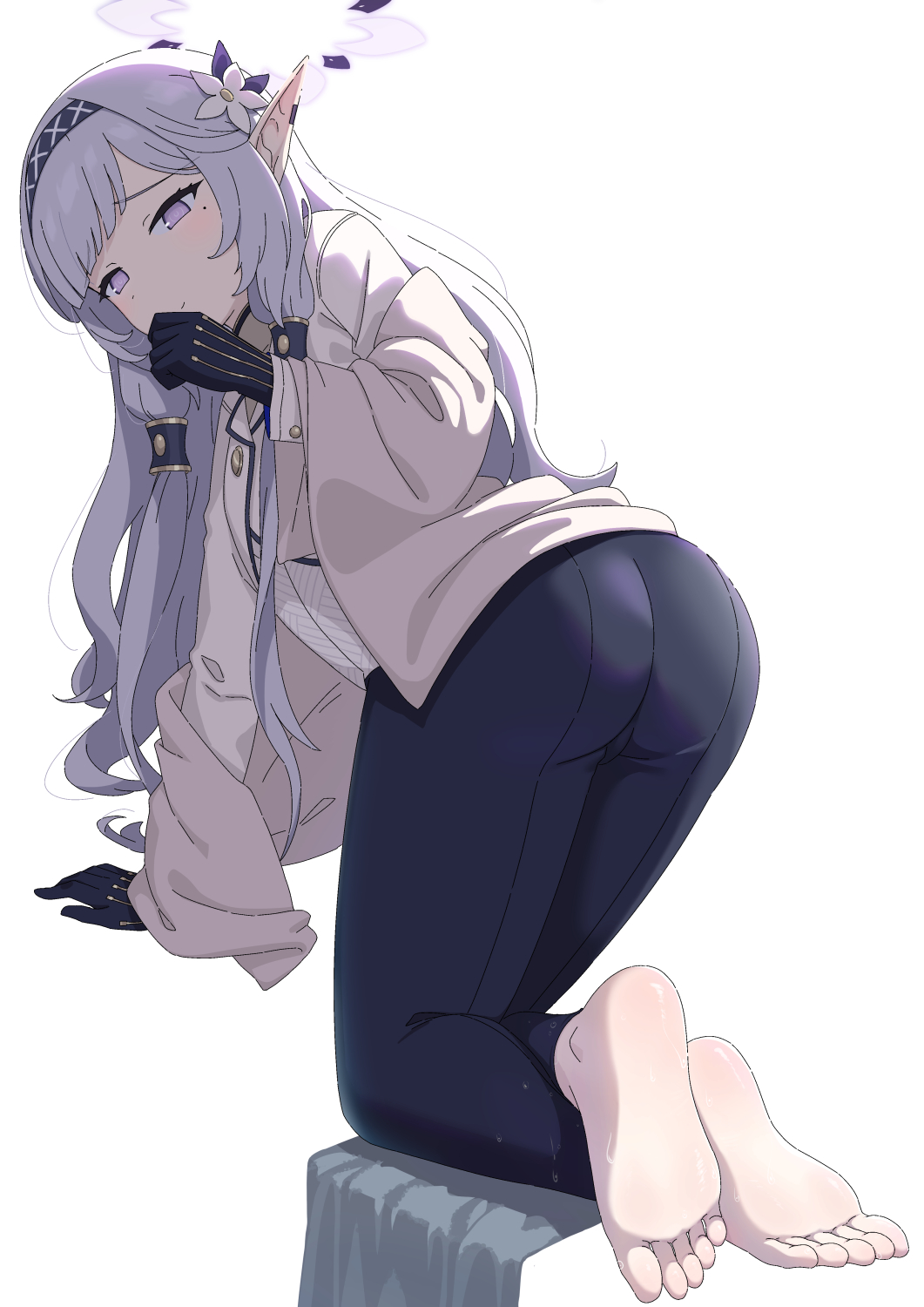 1girl all_fours ass barefoot black_pants blue_archive crossed_ankles feet from_behind full_body gloves grey_hair hairband halo heijialan highres himari_(blue_archive) long_hair looking_at_viewer mole mole_under_eye pants pointy_ears purple_eyes simple_background soles solo toes wet wet_feet white_background