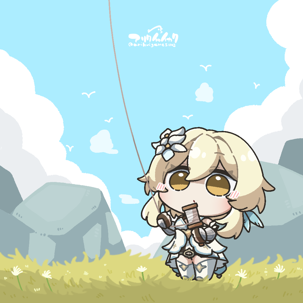 1girl arikuigames1105 blonde_hair blush boots chibi chibi_only cloud commentary_request day dress flower full_body genshin_impact grass hair_flower hair_ornament kite long_sleeves looking_up lumine_(genshin_impact) on_grass outdoors short_hair signature solo standing thigh_boots white_dress white_footwear yellow_eyes