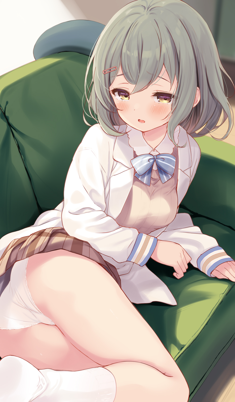 1girl blue_bow blue_bowtie blush bow bowtie breasts brown_skirt couch green_hair hair_ornament hairclip half-closed_eyes highres indoors jacket komone_ushio long_sleeves lying medium_hair on_couch on_side open_clothes open_jacket original panties plaid_clothes plaid_skirt shirt skirt small_breasts socks solo striped_bow striped_bowtie striped_clothes striped_shirt underwear unworn_headwear vertical-striped_clothes vertical-striped_shirt white_jacket white_panties white_socks yellow_eyes yellow_shirt