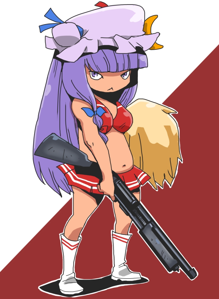 1girl :&lt; alternate_costume boots bow bra cheerleader crop_top female_focus finger_on_trigger gun hair_bow holding holding_gun holding_weapon long_hair midriff navel onikobe_rin patchouli_knowledge pump_action purple_hair remington_870 shotgun solo touhou underwear weapon