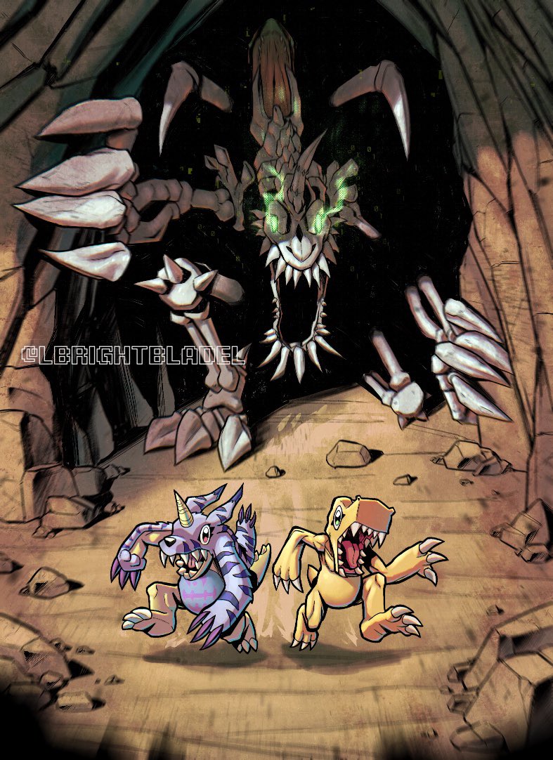 agumon cave claws digimon digimon_(creature) fleeing gabumon glowing glowing_eyes green_eyes horns lbrightbladel open_mouth orange_scales red_eyes sharp_teeth single_horn skeleton skullgreymon teeth twitter_username