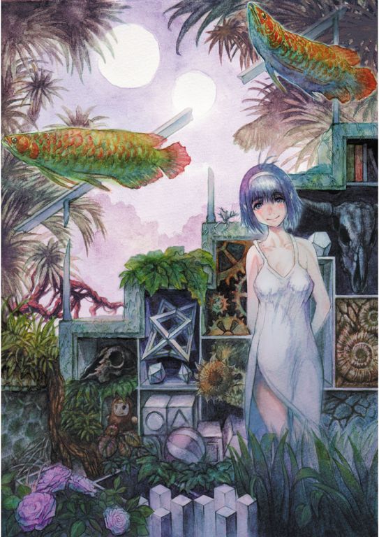 1girl arms_behind_back arowana coelacanth female_focus fish grass head_tilt multiple_moons palm_tree short_hair smile solo tree yoshiku_(oden-usagi)