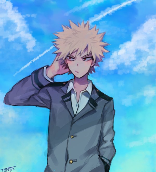 10s 1boy arm_behind_head bad_id bad_pixiv_id bakugou_katsuki blonde_hair blouse boku_no_hero_academia collared_shirt contrail day hand_in_pocket male_focus outdoors red_eyes school_uniform shirt signature solo spiked_hair sun_ah upper_body white_shirt