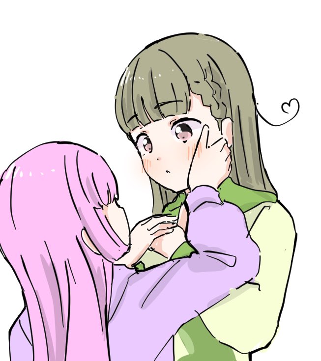 2girls :o ahoge anyoji_hime anyoji_hime_(winter_loungewear) blunt_bangs blush braid brown_hair center-flap_bangs commentary_request green_hood hair_down hand_on_another&#039;s_cheek hand_on_another&#039;s_face heart heart_ahoge hood hood_down hoodie kachimachi_kosuzu kachimachi_kosuzu_(summer_loungewear) link!_like!_love_live! long_hair long_sleeves looking_at_another loungewear love_live! multiple_girls official_alternate_costume official_alternate_hairstyle own_hands_together parted_lips pink_eyes pink_hair purple_hoodie side_ahoge side_braids sidelocks simple_background straight_hair tazaki_masanobu virtual_youtuber white_background yellow_hoodie yuri