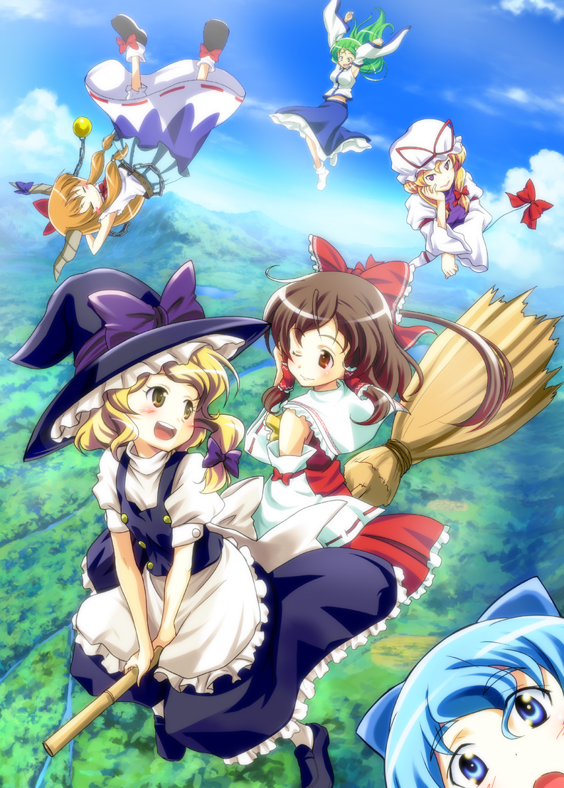 6+girls :3 =_= apron ascot blonde_hair bloom blue_dress blue_eyes blue_hair bow broom broom_riding brown_hair cirno dress falling flying gap_(touhou) green_hair hair_ribbon hakurei_reimu hat head_rest horns ibuki_suika kirisame_marisa kochiya_sanae landscape long_hair looking_at_viewer mukai multiple_girls multiple_riders one_eye_closed open_mouth purple_eyes red_eyes red_ribbon ribbon thick_eyebrows touhou upside-down very_long_hair waist_apron wink witch witch_hat yakumo_yukari yellow_eyes