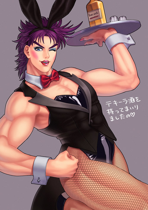 1boy animal_ears asuteka bad_id bad_pixiv_id bow bowtie crossdressing fake_animal_ears fishnet_pantyhose fishnets jojo_no_kimyou_na_bouken joseph_joestar joseph_joestar_(young) lipstick makeup male_focus male_playboy_bunny manly one_eye_closed pantyhose parody playboy_bunny purple_hair rabbit_ears solo wink