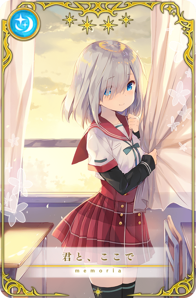 1girl aqua_bow aqua_bowtie black_sleeves black_thighhighs blue_eyes bow bowtie buttons card_(medium) chair classroom closed_mouth cloud cowboy_shot curtains desk double-breasted eyes_visible_through_hair flower game_cg grey_hair hair_over_one_eye happy high-waist_skirt holding indoors isuzu_ren kamihama_university_affiliated_school_uniform layered_sleeves long_sleeves magia_record:_mahou_shoujo_madoka_magica_gaiden mahou_shoujo_madoka_magica medium_hair miniskirt official_art petals picture_frame plaid_clothes plaid_skirt pleated_skirt pocket red_sailor_collar red_skirt sailor_collar sakura_koharu school_desk school_uniform shirt short_over_long_sleeves short_sleeves skirt sky sleeves_past_wrists smile solo standing star_(symbol) sunset thighhighs translated white_flower white_shirt window yellow_sky zettai_ryouiki