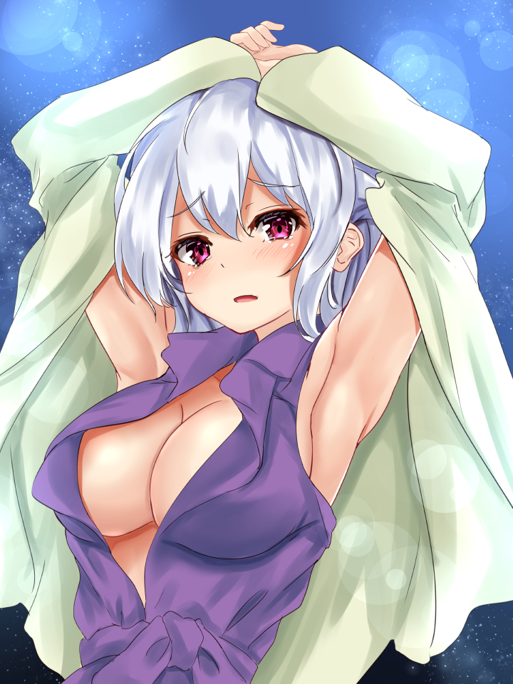 1girl alternate_costume armpits arms_up blue_background blurry blush bokeh breasts cleavage collared_shirt depth_of_field ears hair_between_eyes hands_up jacket kaeranu_kaeru kishin_sagume large_breasts looking_at_viewer night night_sky no_bra nose open_clothes open_jacket open_mouth purple_eyes shirt sideboob sky sleeveless solo star_(sky) starry_sky tied_shirt touhou upper_body white_hair