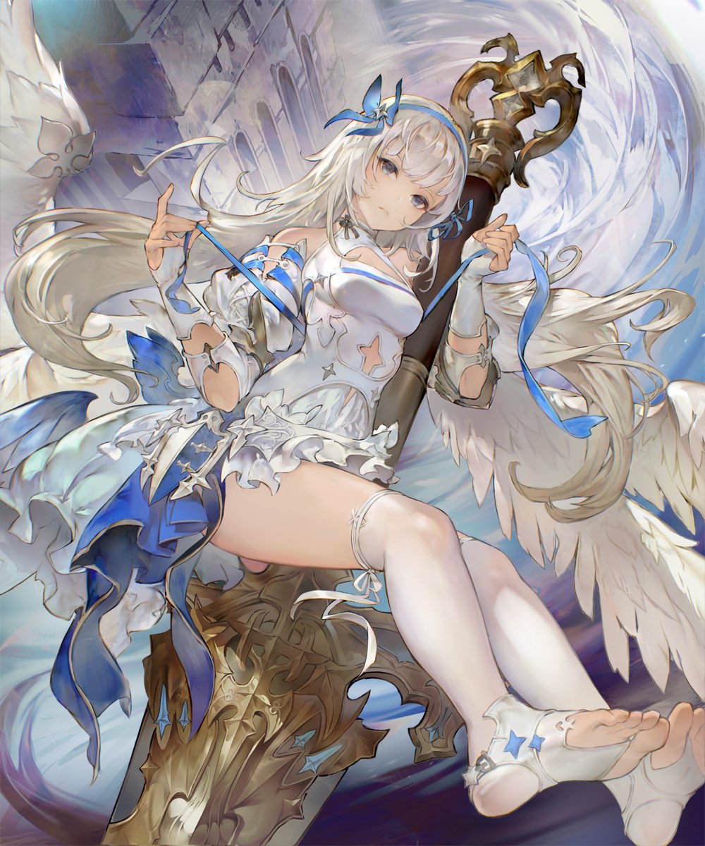 1girl angel angel_wings artist_request bare_shoulders blue_bow blue_hairband blue_ribbon bow breasts building character_request choker cleavage_cutout closed_mouth clothing_cutout commentary cross_cutout detached_sleeves dress english_commentary feathered_wings fingerless_gloves floating_hair frilled_dress frills full_body gloves gran_saga hairband hands_up highres holding holding_ribbon huge_weapon long_hair looking_at_viewer medium_breasts navel_cutout official_art puffy_sleeves ribbon ribbon_choker shield socks solo star_(symbol) sword thighs toes very_long_hair weapon white_dress white_gloves white_hair white_socks wings