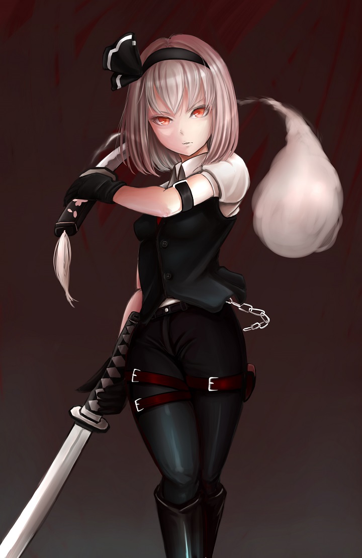 1girl alternate_costume arm_strap black_gloves boots chain dual_wielding female_focus gloves hair_ribbon holding katana knee_boots konpaku_youmu konpaku_youmu_(ghost) looking_at_viewer norixio orange_eyes pants puffy_sleeves red_eyes ribbon shirt short_sleeves silver_hair solo sword thigh_strap touhou vest walking weapon