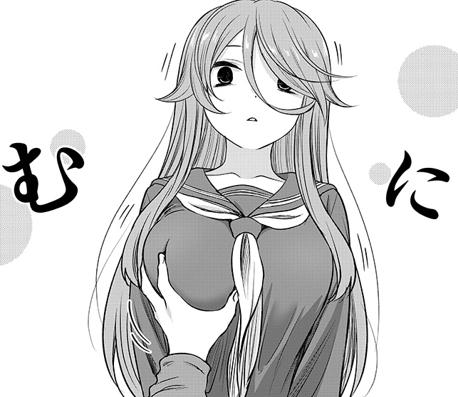 1girl 1other black_serafuku breasts collarbone commentary_request grabbing_another&#039;s_breast greyscale groping hair_between_eyes ikari_manatsu kurai_ano_ko_to_shitai_koto large_breasts long_hair long_sleeves looking_at_viewer monochrome neckerchief parted_lips pov pov_hands sailor_collar sasaki_touko school_uniform serafuku translation_request upper_body white_background