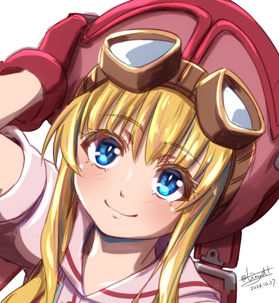 1girl blonde_hair blue_eyes dated eiyuu_densetsu gloves goggles goggles_on_head hair_between_eyes long_hair looking_at_viewer portrait sidelocks signature simple_background smile solo sora_no_kiseki tinybiard tita_russell twitter_username white_background