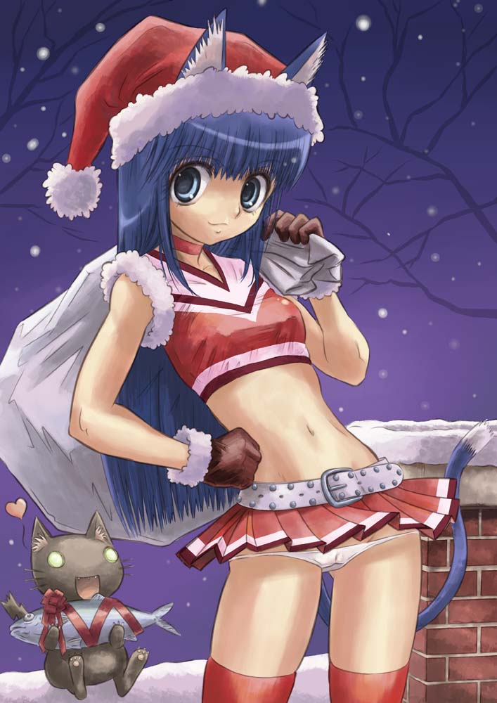 1girl animal_ears belt blue_eyes blue_hair cameltoe cat cat_ears cat_tail christmas crop_top female_focus fish gloves hat heart kurayami_joe long_hair looking_at_viewer lowleg lowleg_panties matching_hair/eyes midriff miniskirt navel original panties pantyshot ribbon sack santa_costume santa_hat shirt skindentation skirt snow solo studded_belt tail taut_clothes taut_shirt thighhighs underwear upskirt