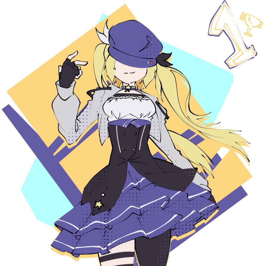 1girl black_gloves black_pantyhose blonde_hair blue_hat blue_skirt cabbie_hat choker commentary covered_eyes cowboy_shot cropped_jacket dokibird_(vtuber) dokibird_(vtuber)_(retro_doki) fingerless_gloves frilled_choker frilled_skirt frills gloves grey_jacket hat hat_over_eyes indie_virtual_youtuber jacket layered_skirt long_hair long_sleeves mekuto_shiki miniskirt pantyhose pleated_skirt shirt single_leg_pantyhose skirt solo symbol-only_commentary thigh_strap twintails underbust virtual_youtuber white_shirt