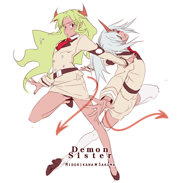 2boys cosplay crossdressing demon_tail eyepatch green_hair horns inazuma_eleven inazuma_eleven_(series) kiu kneesocks_(character)_(cosplay) kneesocks_(psg) kneesocks_(psg)_(cosplay) long_hair looking_back midorikawa_ryuuji multiple_boys outstretched_arms panty_&amp;_stocking_with_garterbelt sakuma_jirou scanty_(cosplay) scanty_(psg) scanty_(psg)_(cosplay) siblings silver_hair single_horn sisters spread_arms tail thighhighs trap