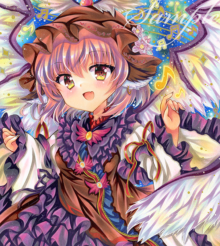 1girl animal_ears bird_ears brown_hat dress frilled_dress frills hands_up hat long_sleeves looking_at_viewer marker_(medium) mob_cap musical_note mystia_lorelei open_mouth pink_hair rui_(sugar3) sample_watermark smile solo touhou traditional_media upper_body watermark wings