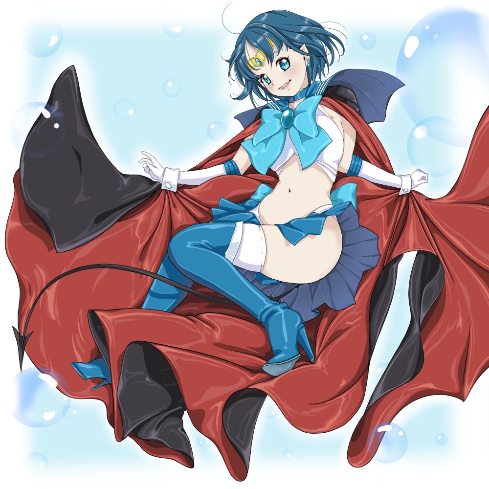 adapted_costume armpit_crease back_bow bishoujo_senshi_sailor_moon blue_bow blue_bowtie blue_choker blue_eyes blue_footwear blue_gemstone blue_hair blue_sailor_collar blue_skirt boots bow bowtie breasts brooch bubble choker circlet crop_top demon_tail earrings elbow_gloves fangs gem gloves high_heel_boots high_heels jewelry microskirt mizuno_ami navel pleated_skirt pointy_ears sailor_collar sailor_mercury shirt short_hair short_sleeves skirt sleeveless slit_pupils small_breasts stud_earrings swept_bangs tail vampire white_gloves white_shirt wrist_cuffs yozora