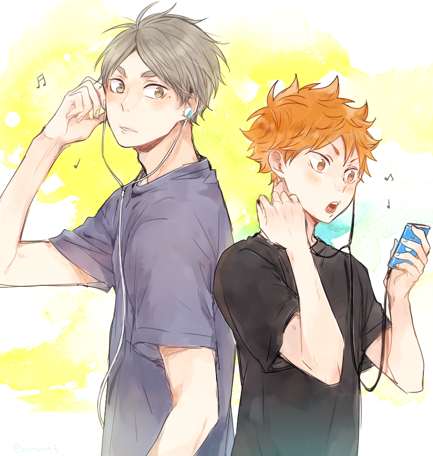 10s 2boys back-to-back black_shirt blush brown_eyes digital_media_player earbuds earphones grey_eyes grey_hair grey_shirt haikyuu!! hinata_shouyou looking_at_another looking_back male_focus mole mole_under_eye multiple_boys musical_note open_mouth orange_hair shina-love shirt short_hair sketch sugawara_koushi t-shirt thick_eyebrows