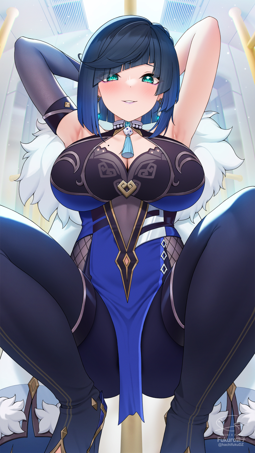 Fukuro Daizi Yelan Genshin Impact Genshin Impact Highres 1girl Aqua Eyes Armpits Arms 