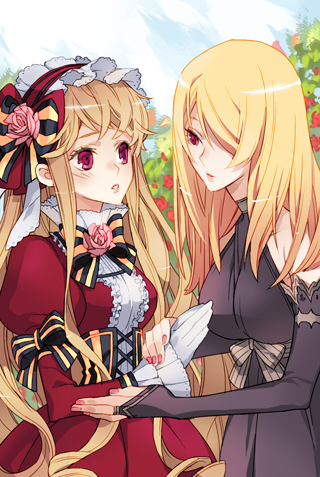 2girls blonde_hair blush bow bridal_gauntlets cinia_pacifica corset dress drill_hair flower frills gloves lace long_hair long_sleeves lowres multiple_girls nail_polish pink_eyes ribbon rose rose_pacifica sword_girls