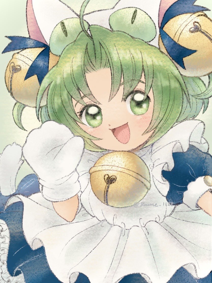 1girl animal_ears animal_hat apron bell blue_dress blue_ribbon blush cat_ears cat_girl cat_hat dejiko di_gi_charat dress green_eyes hair_bell hair_ornament hat looking_at_viewer maid mittens open_mouth puffy_short_sleeves puffy_sleeves ribbon short_sleeves suruga_kanade white_mittens