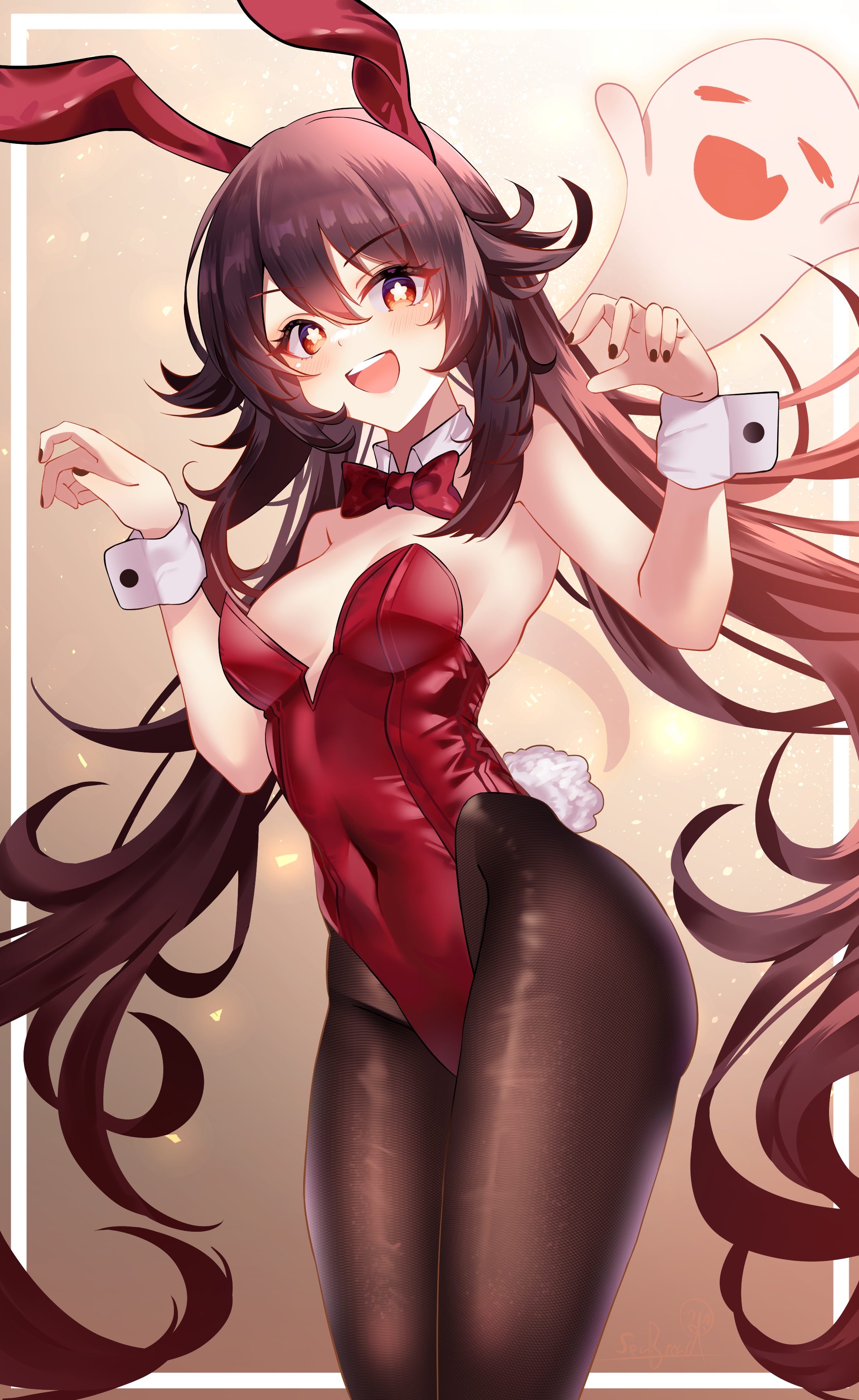 seabread, boo tao (genshin impact), hu tao (genshin impact), genshin  impact, absurdres, highres, 1girl, alternate costume, animal ears, bare  shoulders, black pantyhose, breasts, brown hair, claw pose, ghost, leotard,  looking at viewer,