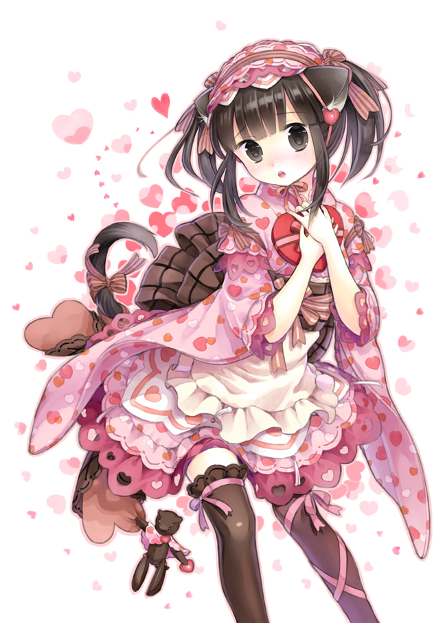 1girl animal_ears black_eyes black_hair cat_ears cat_tail female_focus hairband japanese_clothes kimono kimono_skirt kuroinu lolita_fashion lolita_hairband looking_at_viewer original petals solo stuffed_animal stuffed_cat stuffed_toy tail twintails wa_lolita