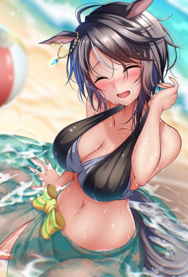 1girl ahoge animal_ears arm_support ball bare_shoulders beach beachball bikini black_bikini black_hair blurry blurry_background blush bow breasts cleavage closed_eyes collarbone commentary_request commission cowboy_shot day dutch_angle ear_ornament ear_piercing fuji_kiseki_(umamusume) green_sarong hair_between_eyes hand_up horse_ears horse_girl horse_tail large_breasts medium_hair midriff multicolored_hair navel ocean open_mouth outdoors piercing rairaisuruyo sarong see-through_clothes see-through_sarong short_hair sidelocks sitting skeb_commission smile solo swimsuit tail umamusume wet white_hair yellow_bow