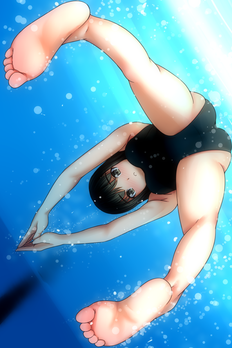 1girl :o ass bare_legs barefoot black_hair black_one-piece_swimsuit blush breasts brown_eyes dot_nose dutch_angle full_body gluteal_fold highres large_breasts looking_at_viewer looking_through_own_legs matsunaga_kouyou nose_blush one-piece_swimsuit open_mouth original own_hands_together school_swimsuit soles solo spread_legs swimming swimsuit thighs underwater wide_spread_legs