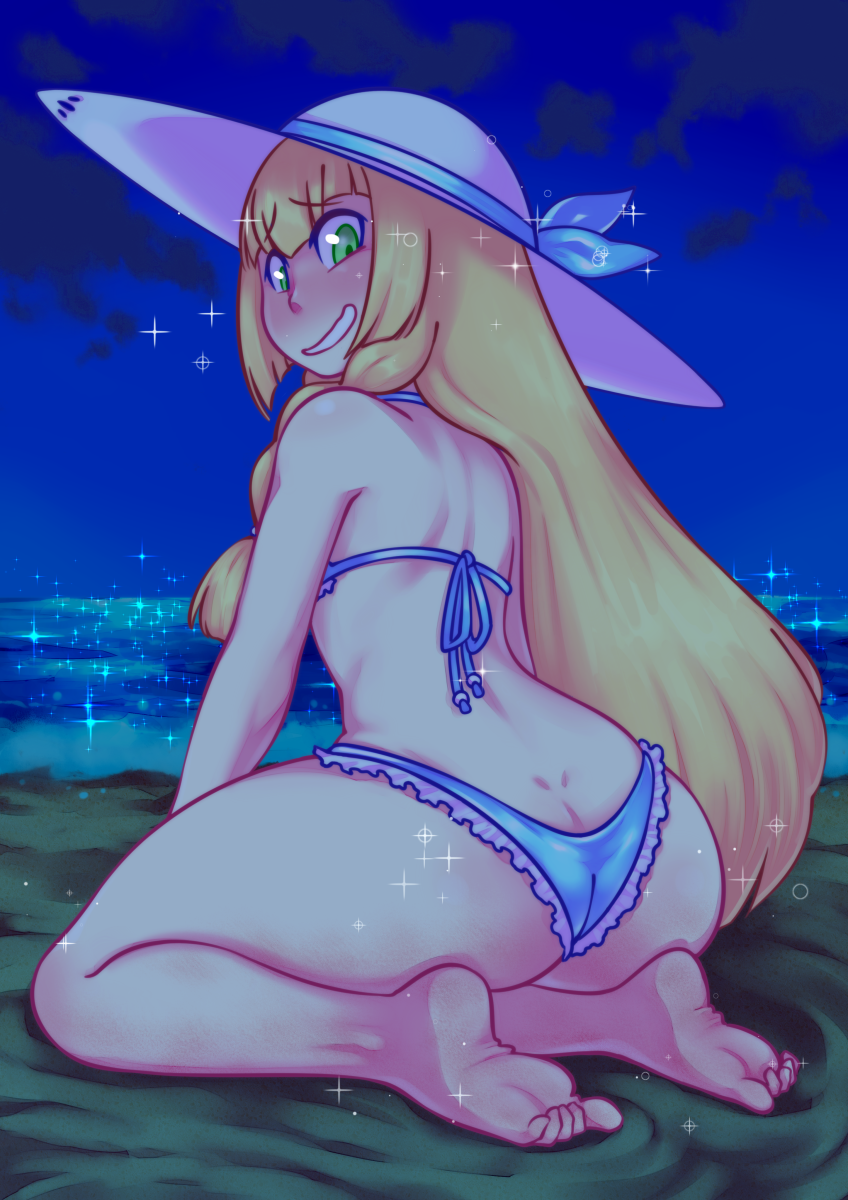 1girl ass barefoot bikini creatures_(company) feet female_focus game_freak highres lillie_(pokemon) nintendo nyxon nyxondyx pokemon pokemon_sm soles solo swimsuit toes