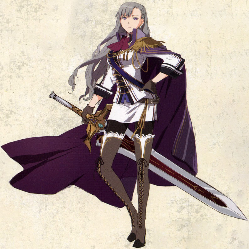 aurelia_le_guin boots braid breasts cape concept_art cross-laced_footwear eiyuu_densetsu enami_katsumi falcom gloves greatsword grey_hair hand_on_own_hip high_heel_boots high_heels holding holding_weapon lace-up_boots long_hair medium_breasts official_art purple_eyes reverse_grip sen_no_kiseki sen_no_kiseki_(series) sen_no_kiseki_i sen_no_kiseki_ii serious side_braid skirt solo sword thigh_boots thighhighs weapon