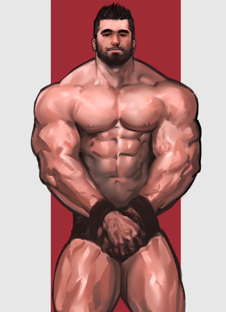 1boy abs armband bara biceps broad_shoulders brown_male_underwear connected_beard cropped_legs dopey_(dopq) facial_hair highres male_focus male_underwear muscular muscular_male nipples original pectorals short_hair solo underwear