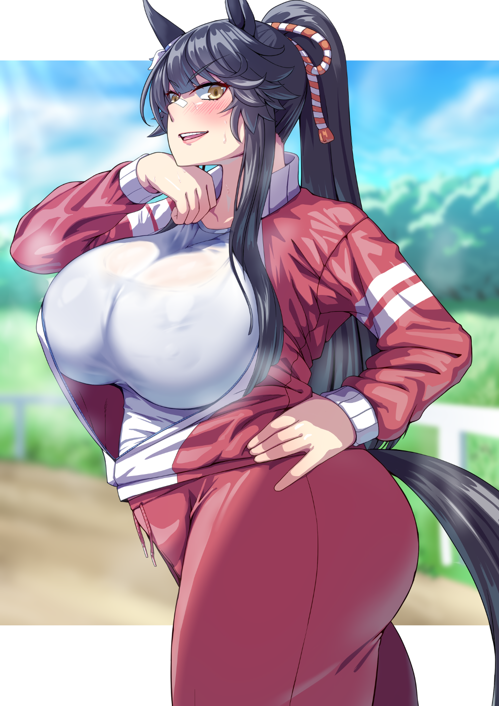 1girl animal_ears belly black_hair blurry blush breasts curvy depth_of_field highres horse_ears horse_girl horse_tail huge_breasts jacket kandata_nijou long_hair narita_brian_(umamusume) open_clothes open_jacket plump ponytail shirt sidelocks smile solo steaming_body sweat tail track_suit umamusume v-shaped_eyebrows very_long_hair white_shirt yellow_eyes