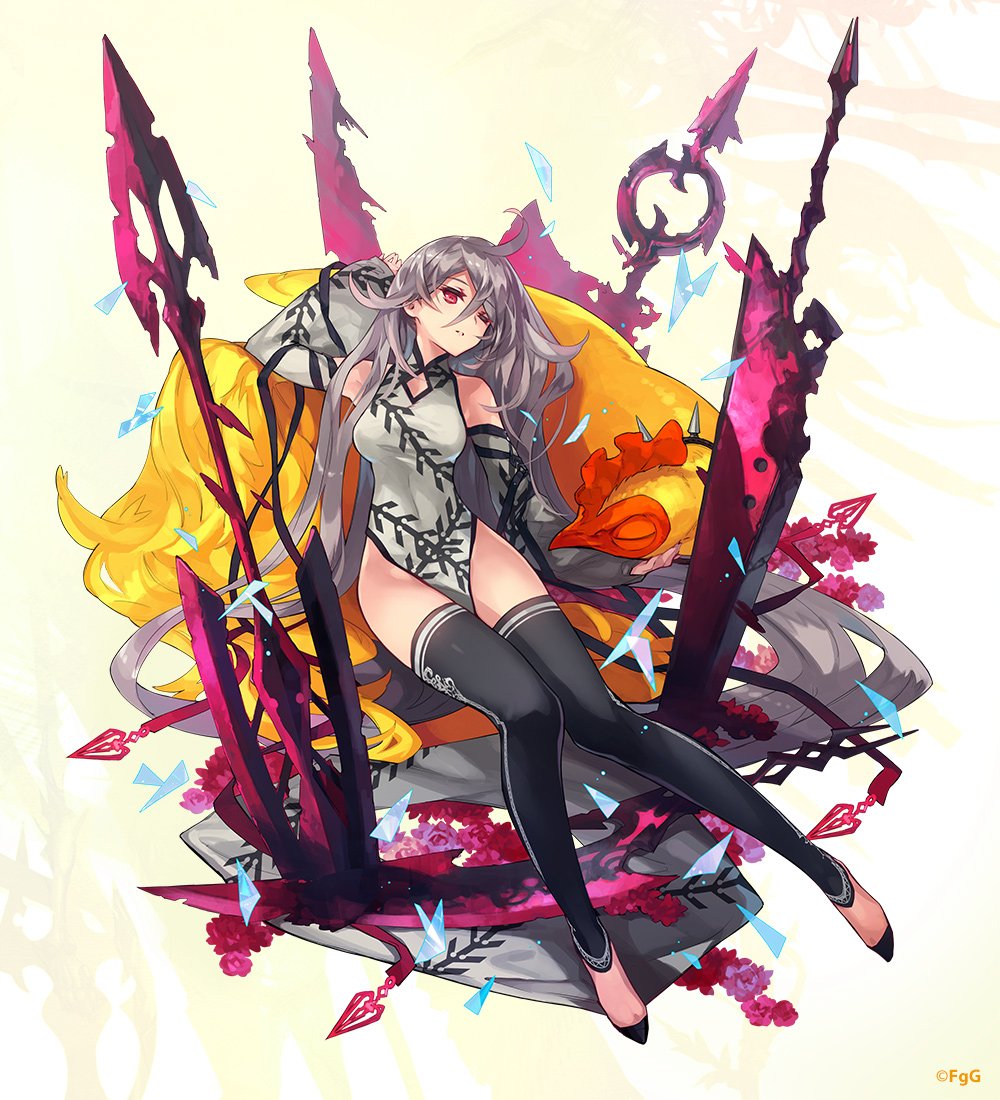 1girl above_cleavage_cutout ahoge bird breasts china_dress chinese_clothes covered_navel da-kuro dress full_body grey_hair laevateinn_(phantom_of_the_kill) long_hair looking_at_viewer multiple_weapons no_panties official_alternate_costume official_art one_eye_closed phantom_of_the_kill planted red_eyes second-party_source simple_background sitting solo sword thighs two-tone_background weapon weapon_background